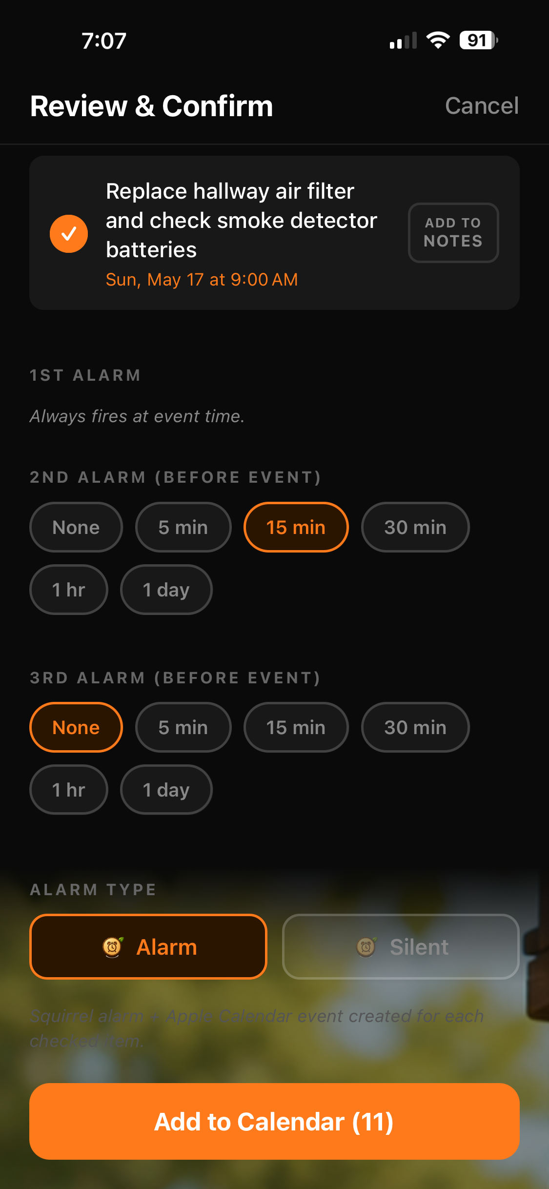 Alarm scheduling screen